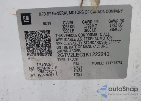 2019 GMC Sierra 1500 Limited z USA, uszkodzony, nr VIN 2GTV2LEC1K1223241